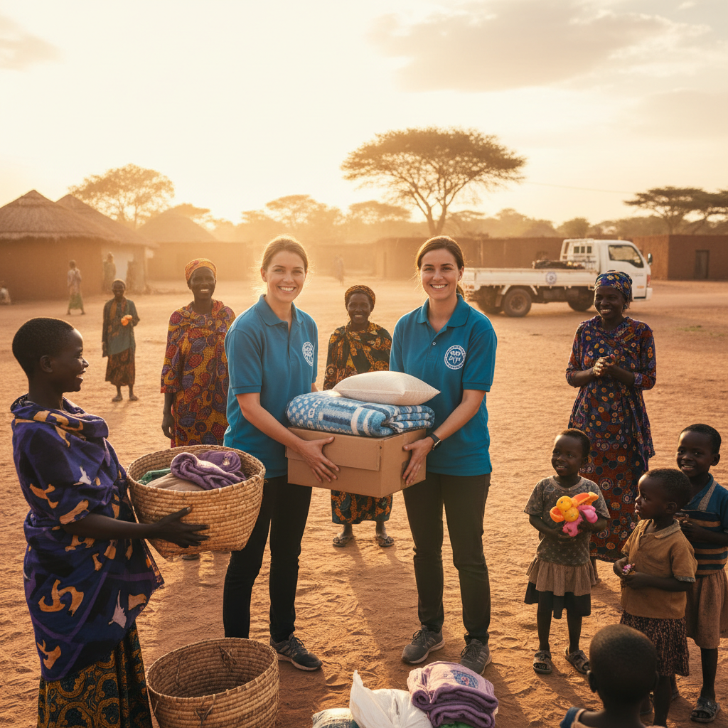 Joe & Jane Humanitarian Foundation volunteer in branded polo shirt handing supplies to grateful African community members, golden hour light