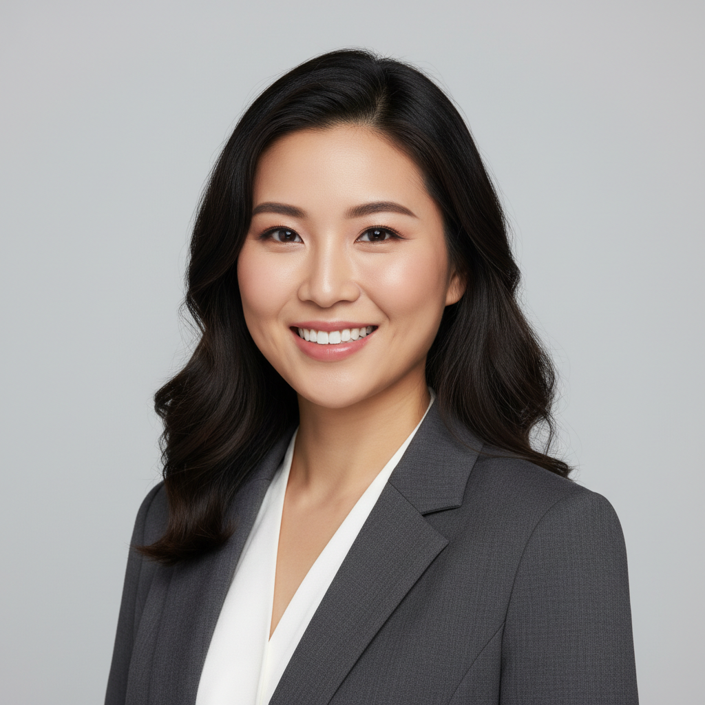 Japanese professional woman with composed smile in smart blazer, clean studio portrait