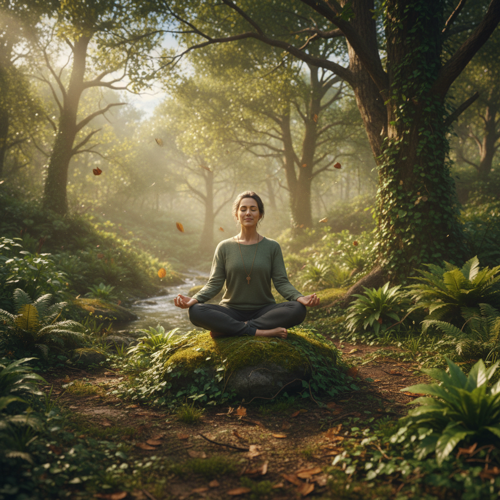 Person meditating in forest with sunlight filtering through trees, peaceful silence, natural setting