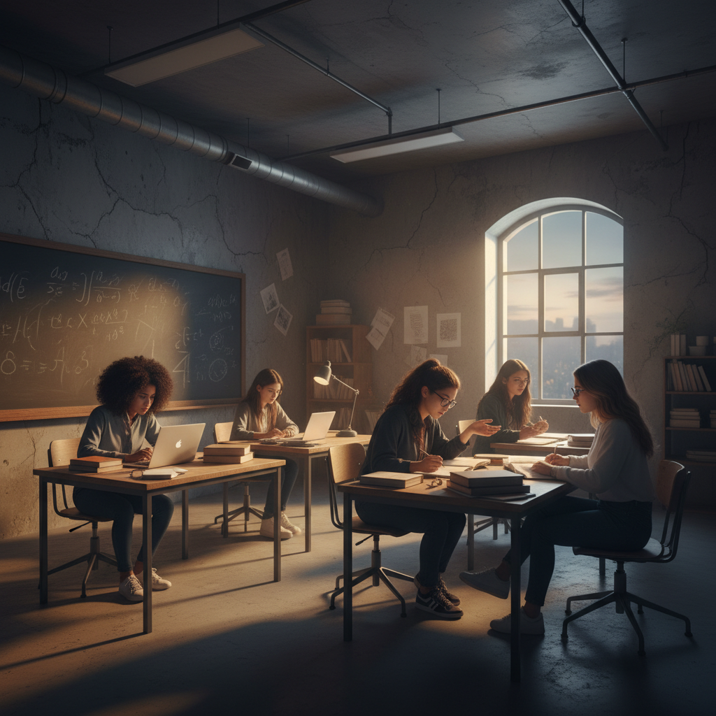 Girls in classroom, dim concrete walls, shadowed interior, atmospheric low-light