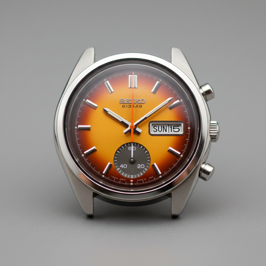 Seiko 6139 Sunrise variant with rare two-tone dial close up showing chronograph pushers