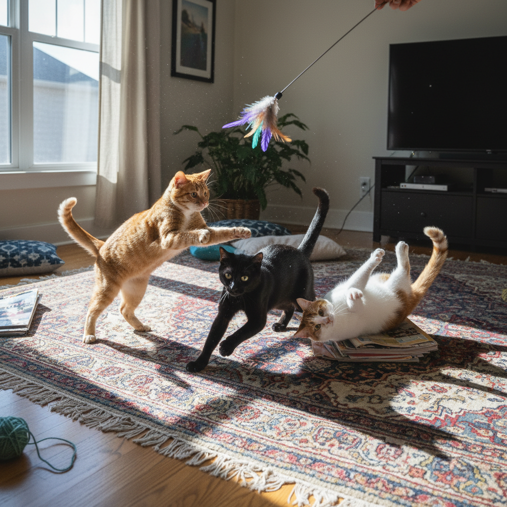 All three cats caught mid-chaos chasing the same toy across a living room rug