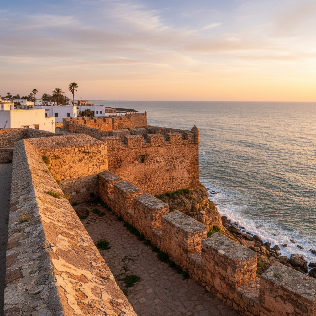 Asilah medina rampart walls at sunset — ancient Portuguese fortification, Atlantic Ocean visible beyond, warm golden light
