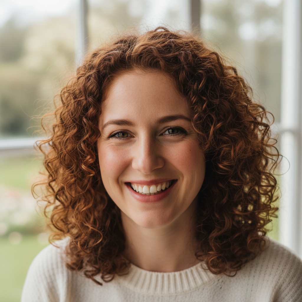 Portrait of a smiling woman with curly hair, parent testimonial