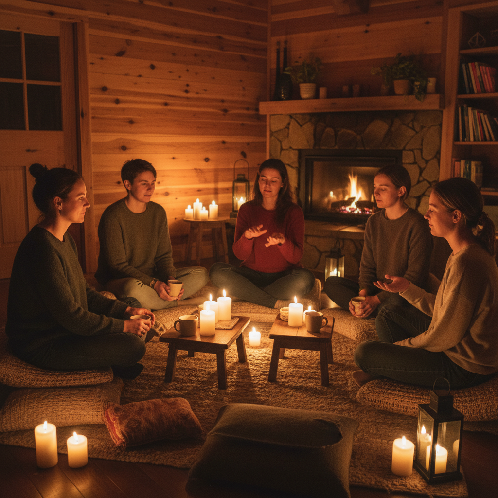Small group of people seated in a circle in a candlelit cedar room during the first Sanctuary gathering