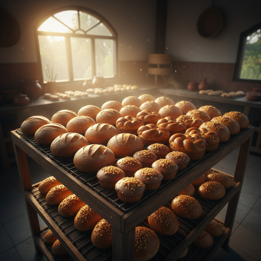 Freshly baked bread and pastries in warm wooden bakery showcase
