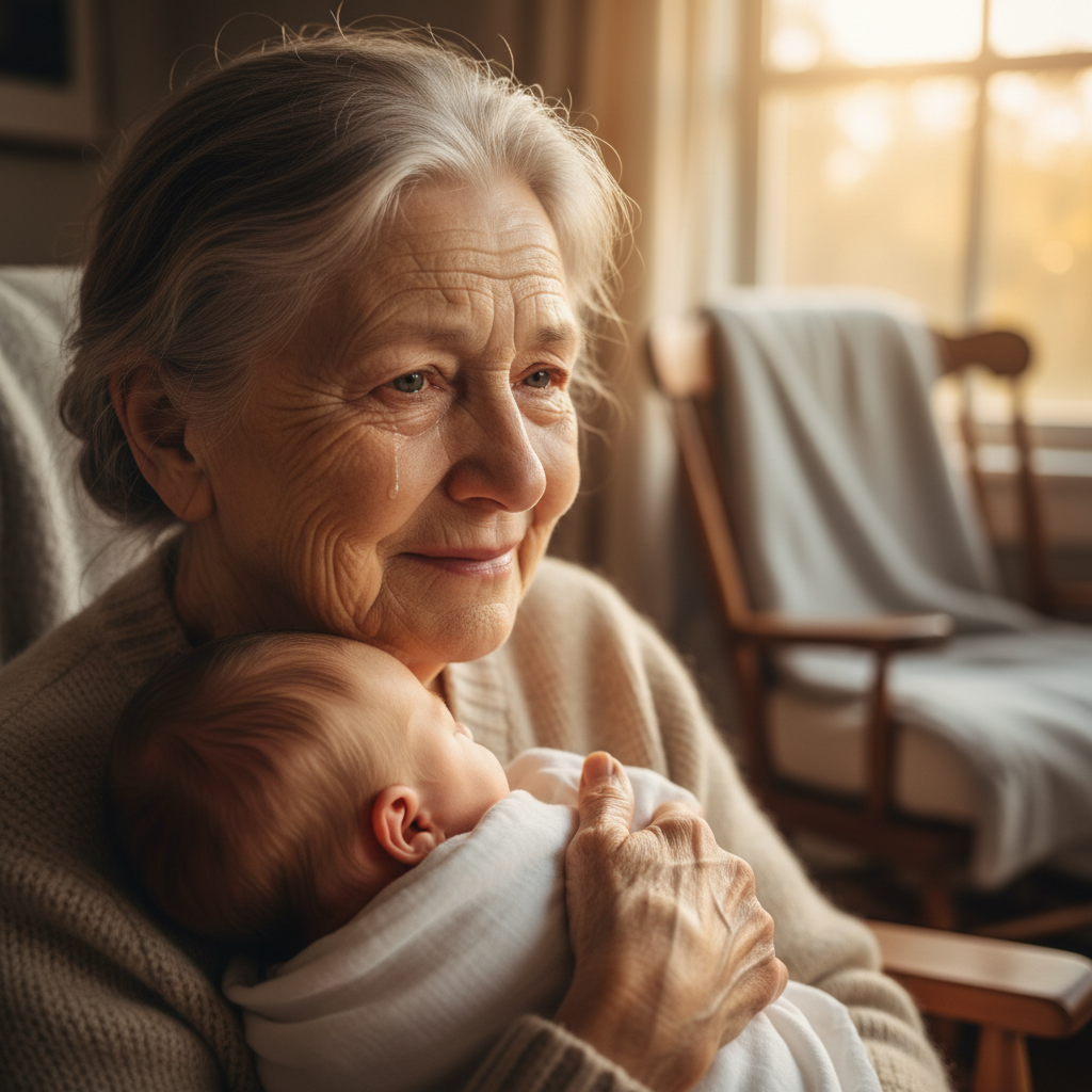 An elderly grandmother with tears in her eyes holding a newborn grandchild, warm golden light falling on both faces
