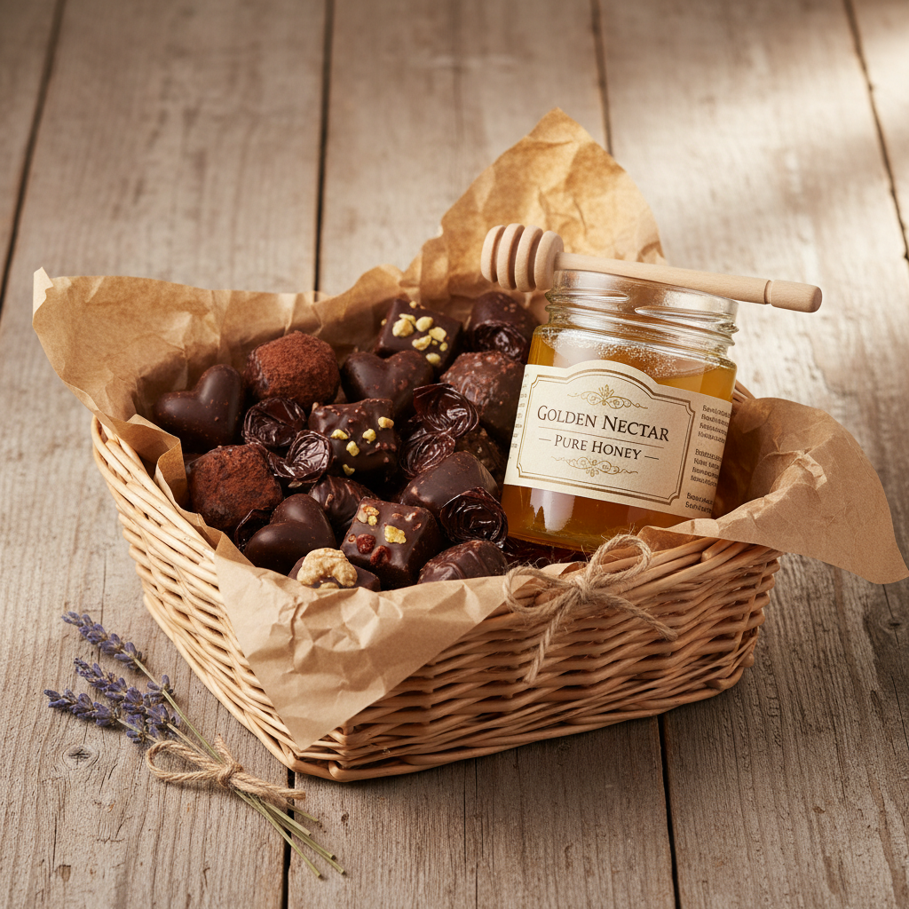 Artisan chocolate hamper with assorted chocolates in a warm well-lit golden gift basket