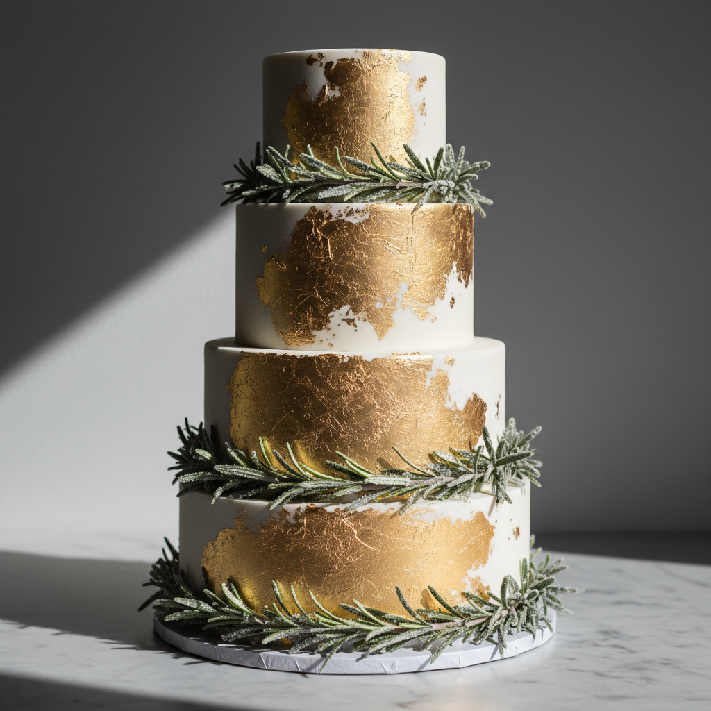 Stunning three-tier white wedding cake with cascading sugar roses and gold leaf accents on a marble table