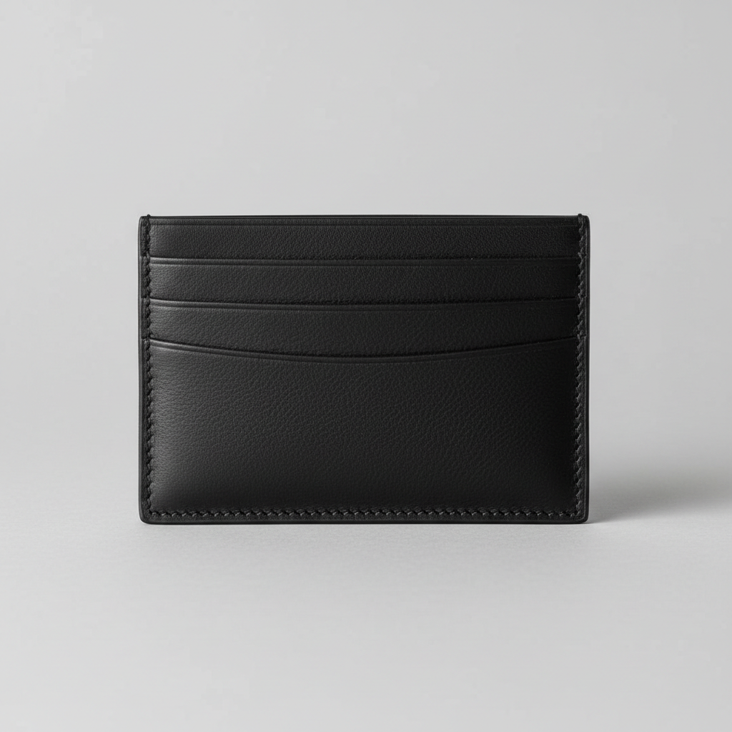 Slim feminine card holder in neutral tones showing card slots, compact and elegant design
