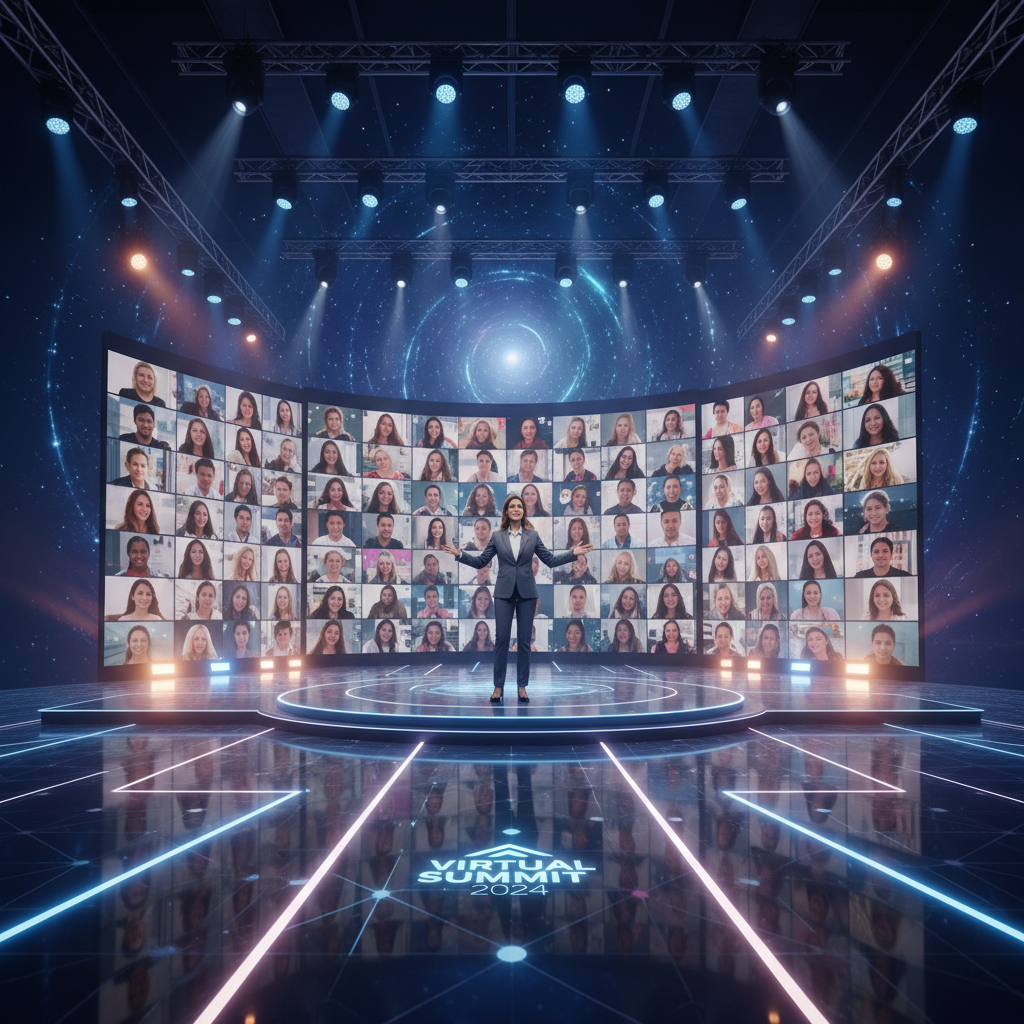 Ponente en escenario de conferencia con presentación visual impactante detrás