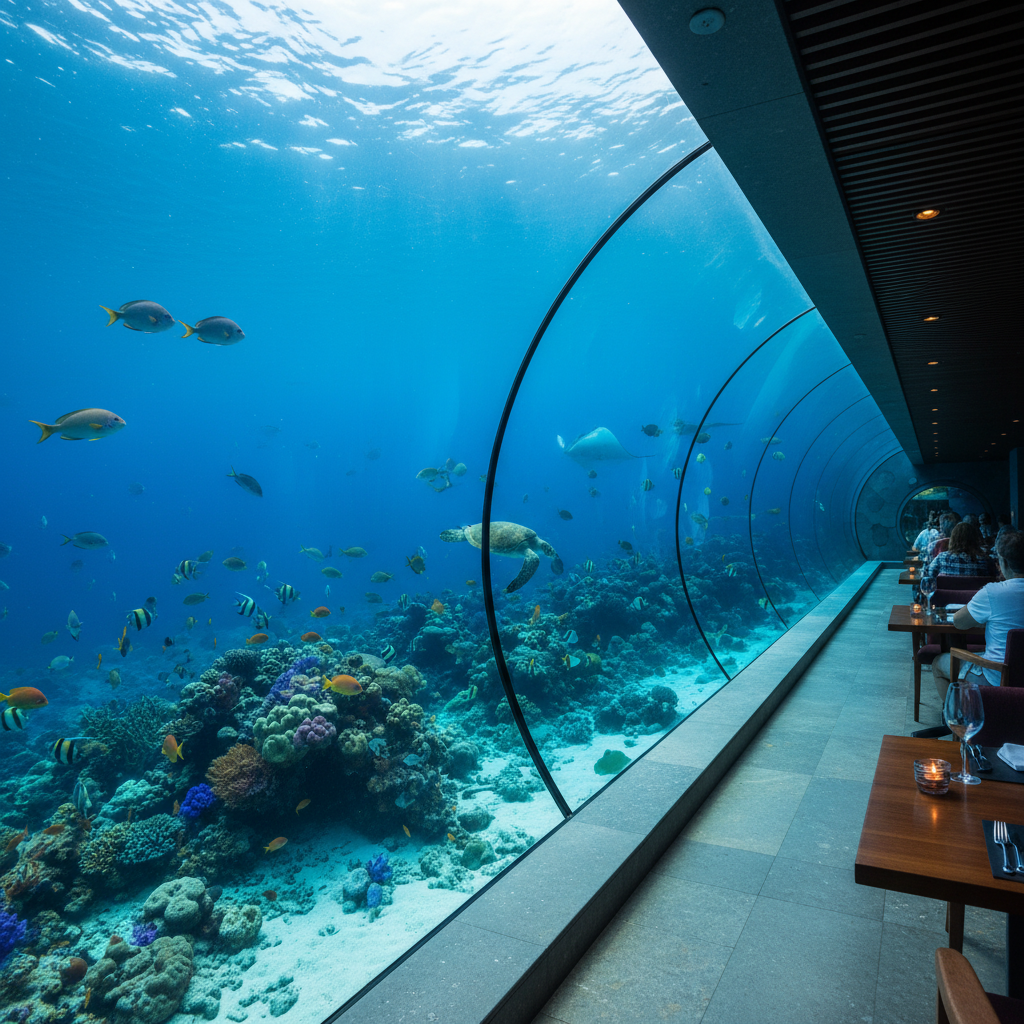 Underwater restaurant with panoramic glass walls and tropical fish swimming
