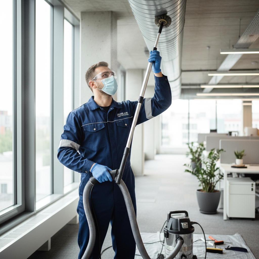 HVAC technician cleaning air ducts in a home, professional equipment, clean industrial environment