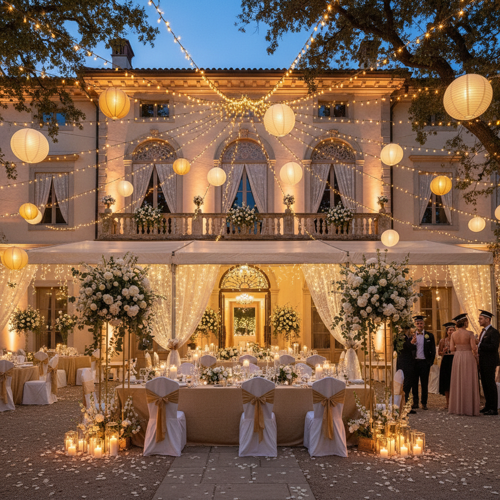Romantic outdoor Nile-view evening reception with string lights, lush greenery, and candlelit tables under dark sky