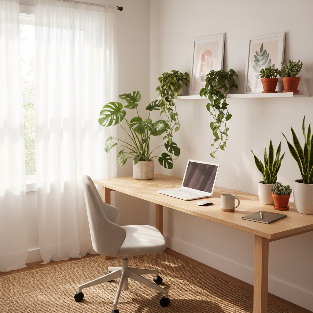 Bright and organized home office workspace with natural lighting, clean desk, and green plants