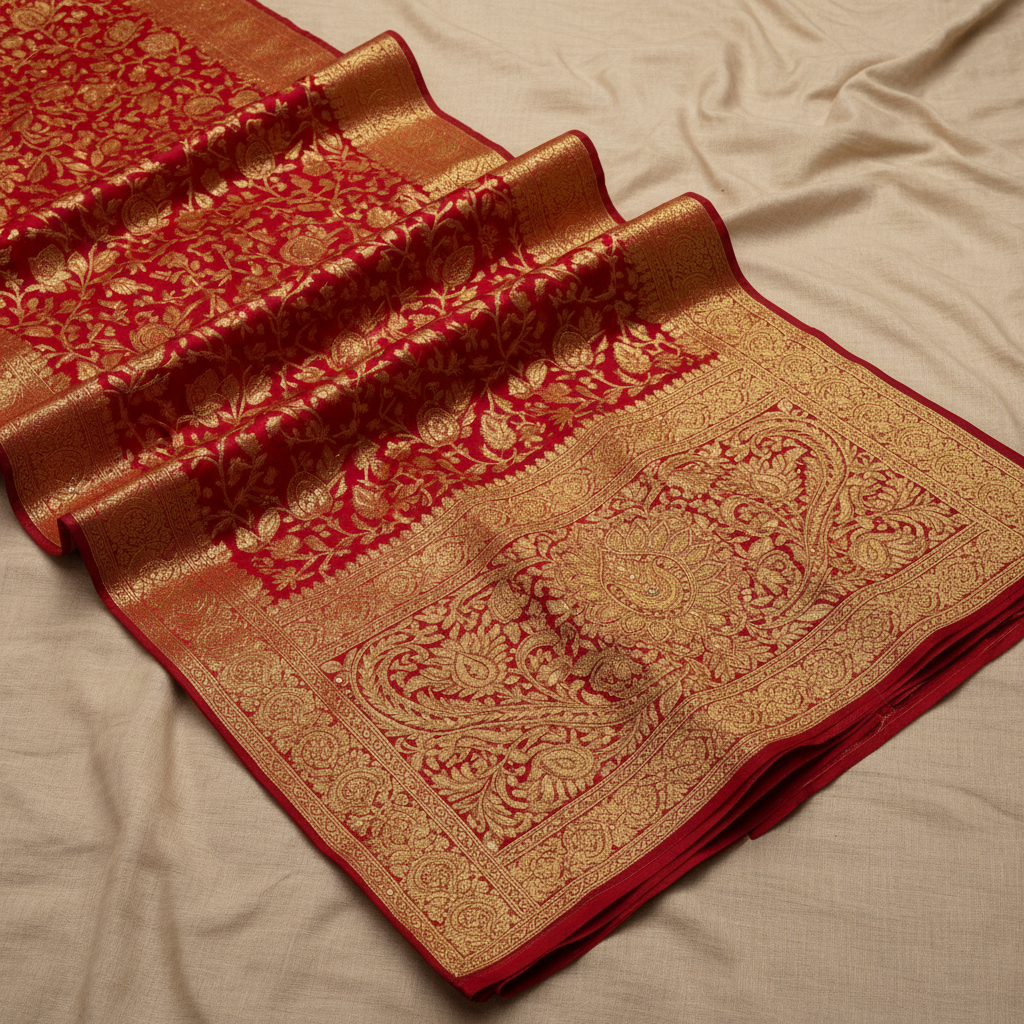Richly embroidered ethnic lehenga with gold zari work, warm amber studio lighting