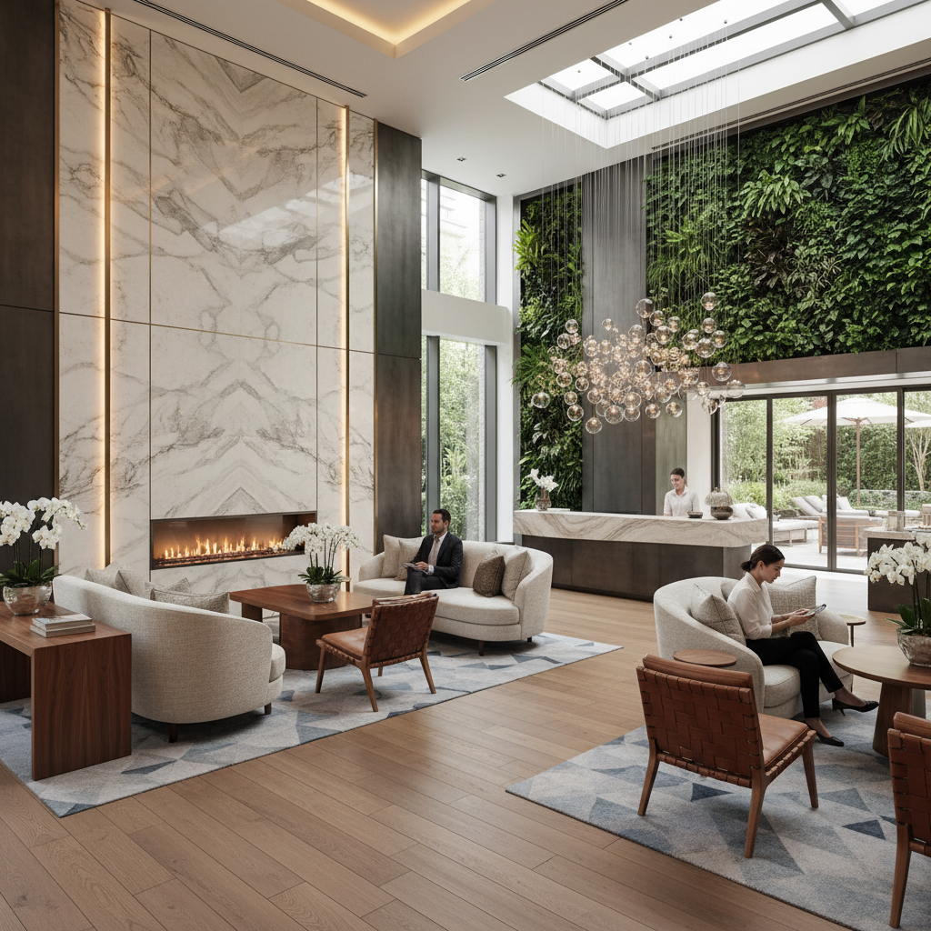Elegant hotel lobby with modern furniture, comfortable seating and contemporary design