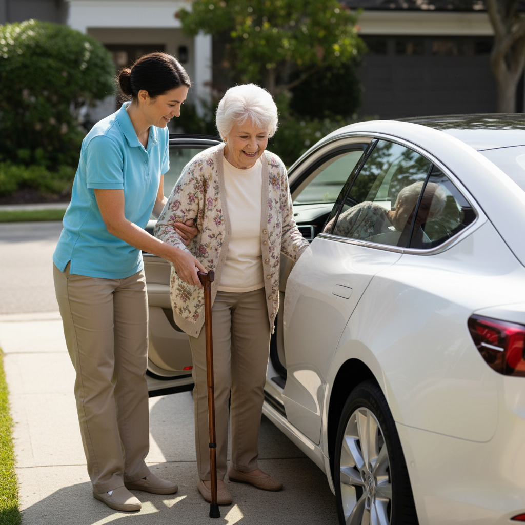 Elderly patient being assisted into a vehicle by a caregiver, warm daylight, residential driveway, gentle and supportive interaction