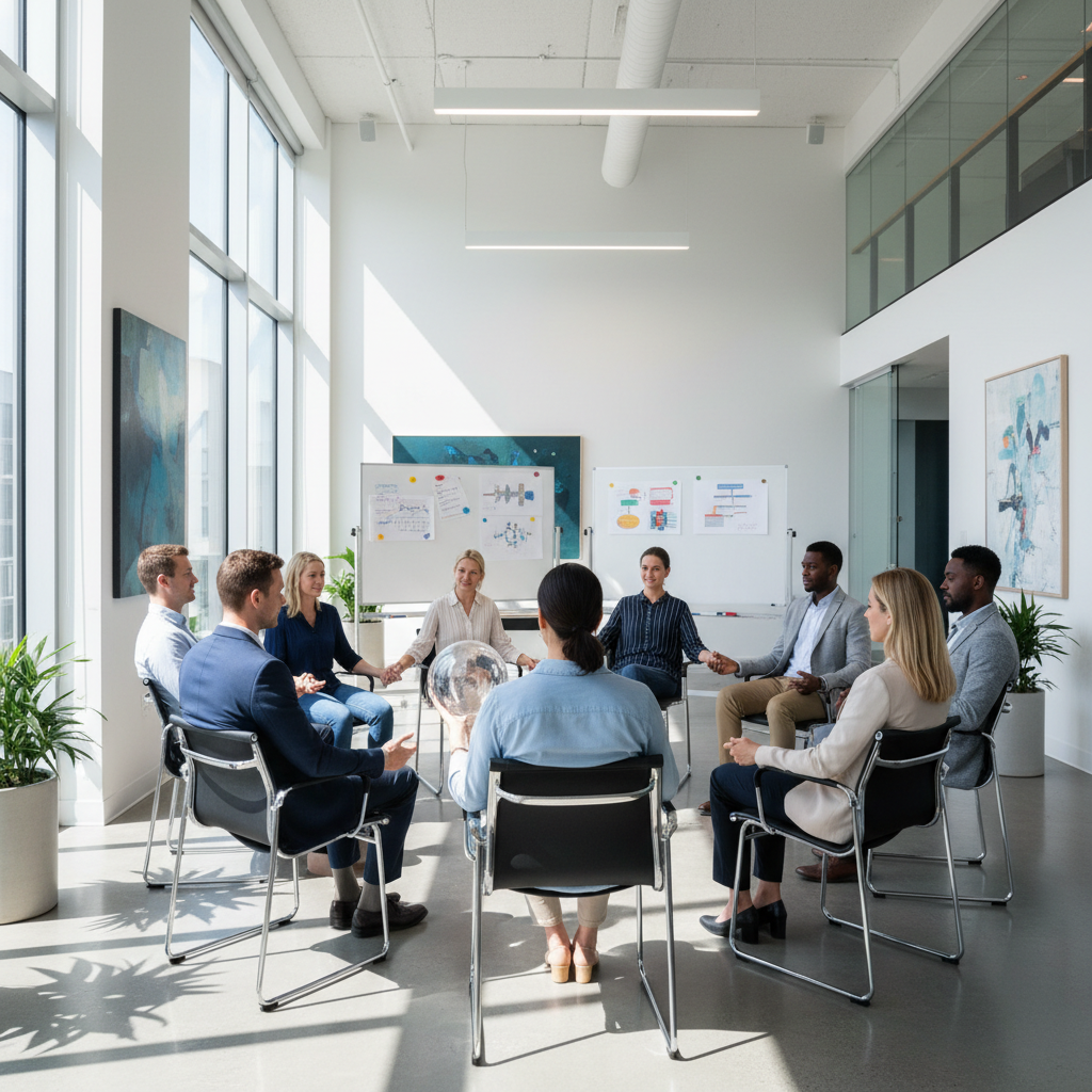 Diverse team of healthcare professionals joining hands together in a circle, symbolizing teamwork and community in a bright indoor setting