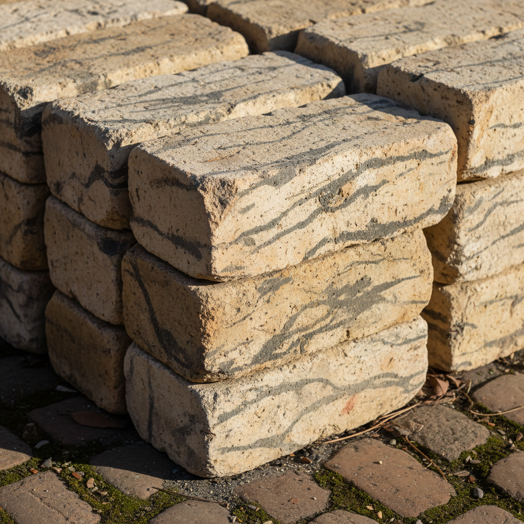 Imperial stock bricks from Victorian Islington, pale buff coloring with grey veining, pre-metric dimensions