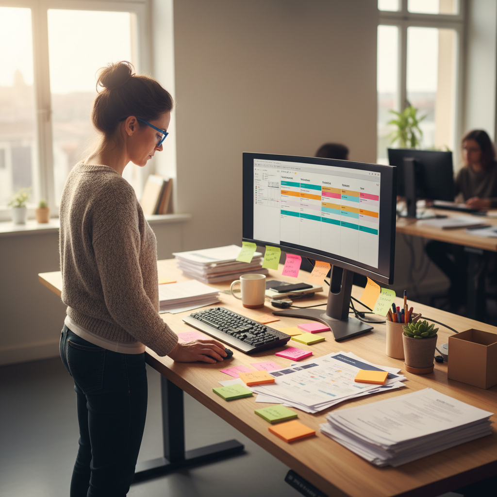Program designer at a standing desk reviewing a wellness calendar on a large monitor, sticky notes and printed templates spread across desk