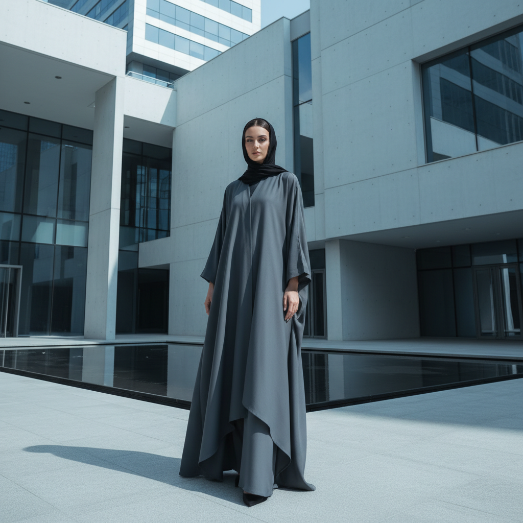 Sleek minimalist abaya in European urban setting, architectural background, cool tones