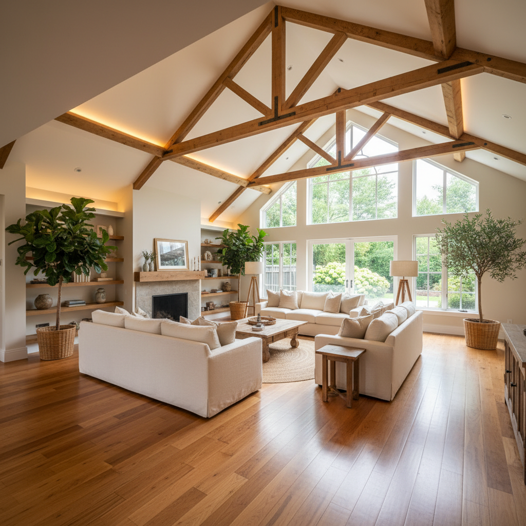 Spacious open-plan living room with vaulted ceiling and warm wood floors in a manufactured home