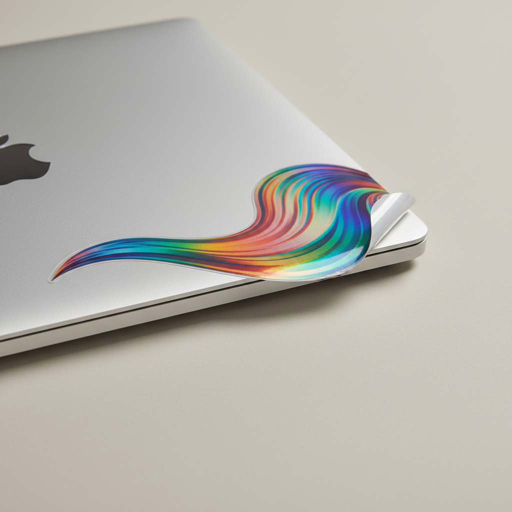 Holographic sticker bleeding off MacBook edge