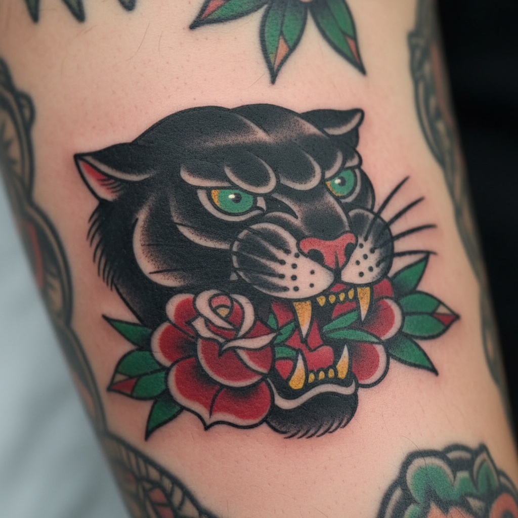 Close-up macro shot of bold traditional flash tattoo showing crisp black outlines and solid color fills