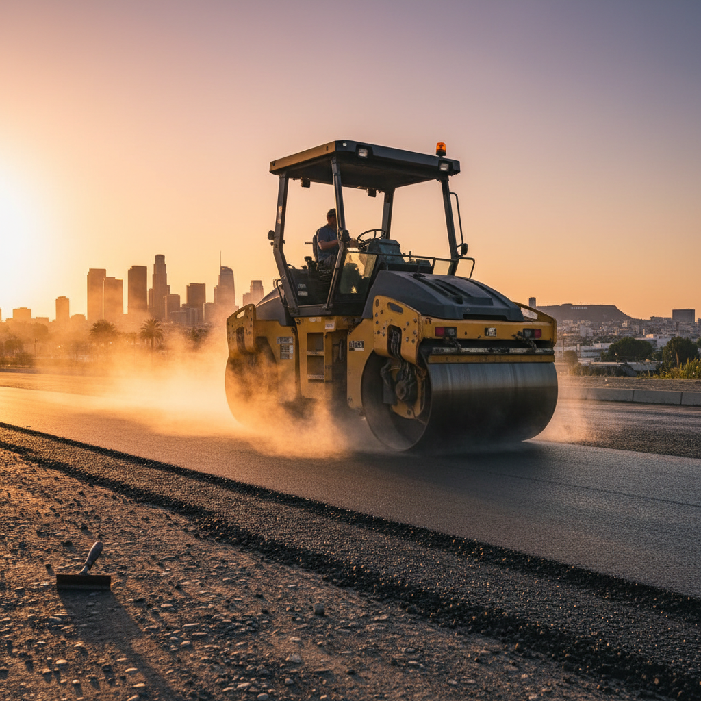Asphalt roller pressing fresh hot asphalt at golden hour with steam rising off the surface and LA skyline silhouette in the background