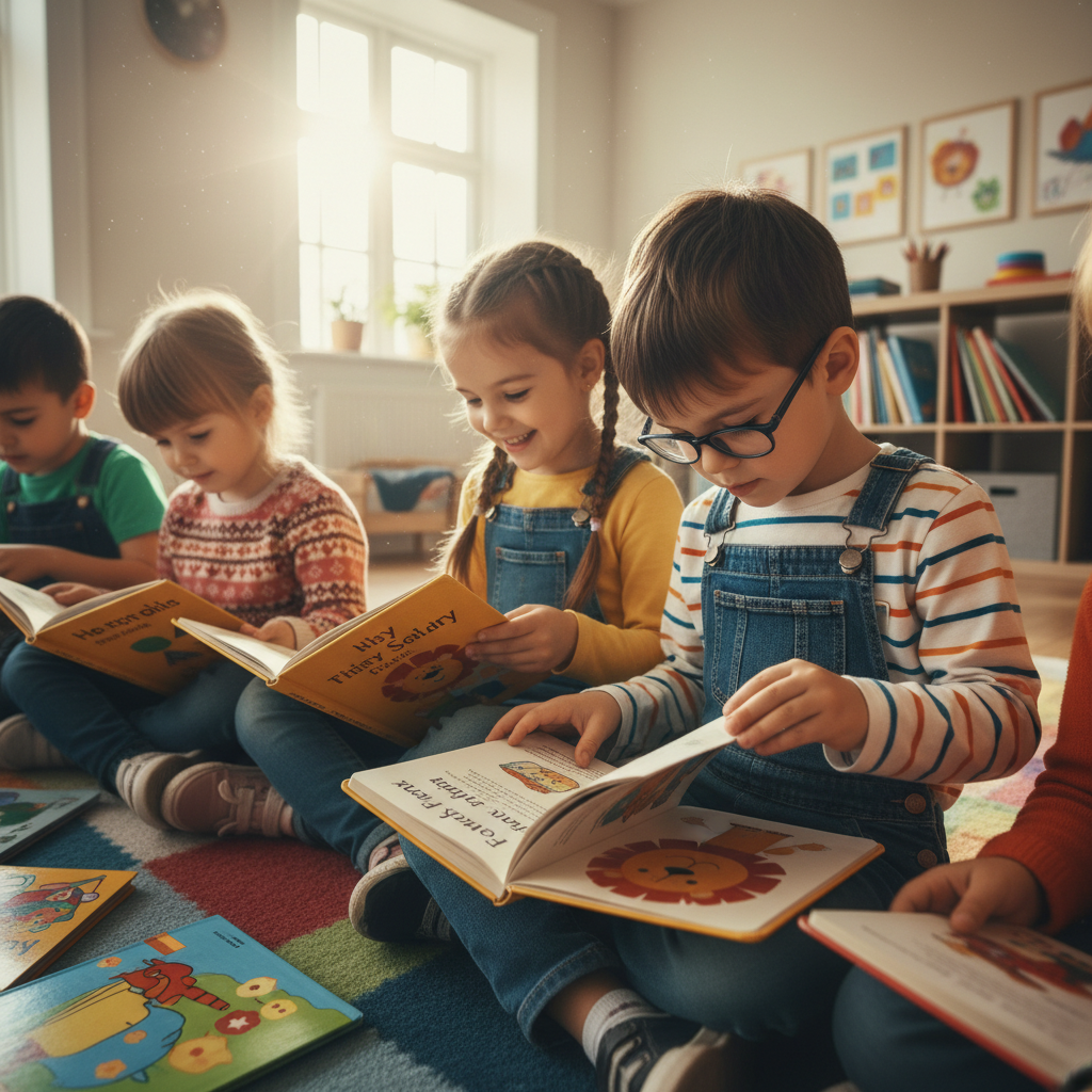 Group of children reading books together, bright airy room, engaged and curious expressions, afternoon light