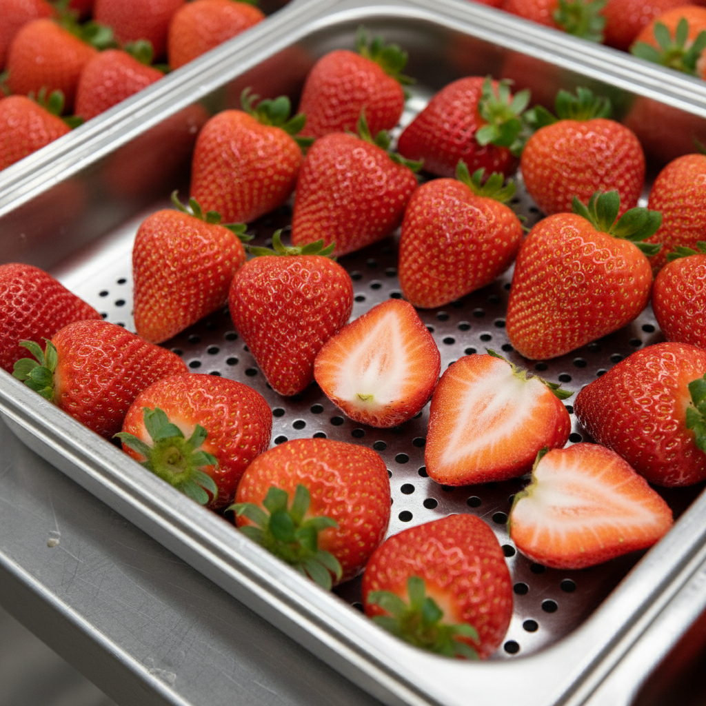 Perfectly ripe red strawberries in a flat tray freshly picked from farm
