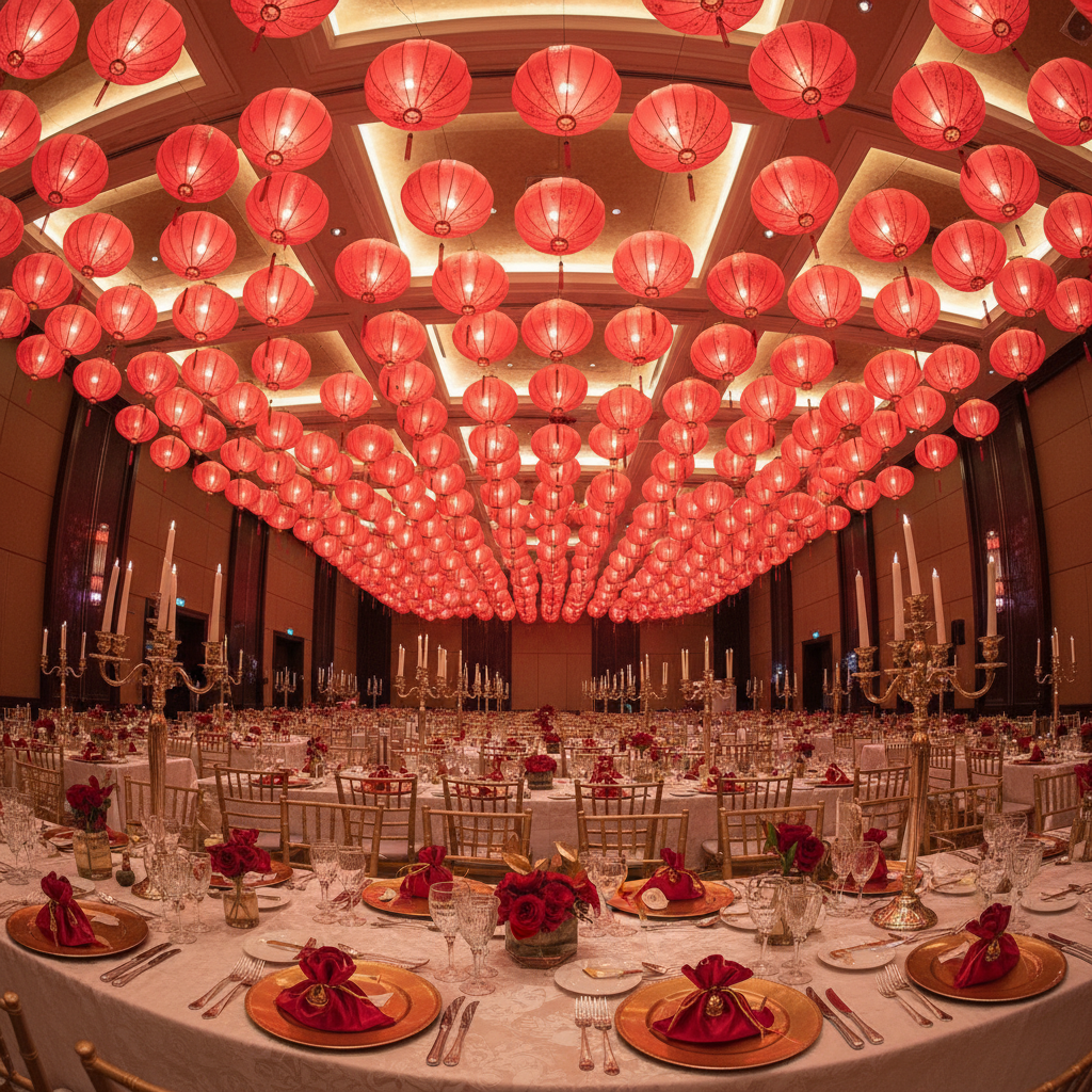 Full banquet hall transformation with hundreds of red silk lanterns hanging from ceiling and gold table settings