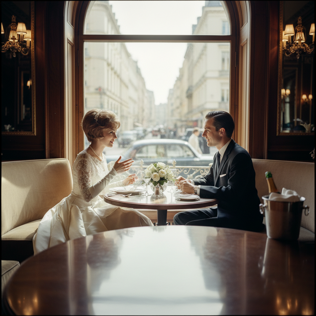 Black and white photo of 1960s couple in formal attire dining at window table