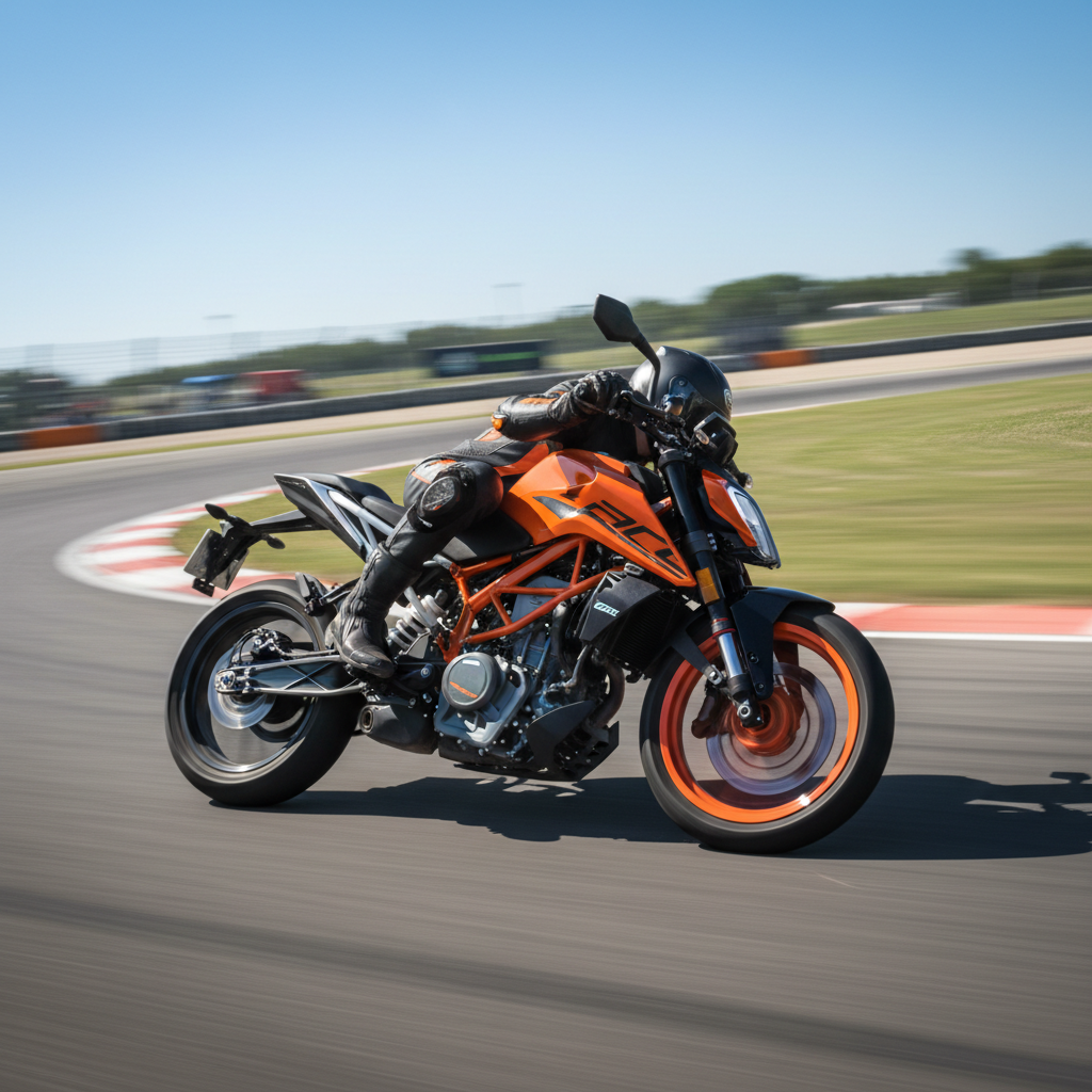 KTM Duke 390 naranja en pista con postura naked agresiva