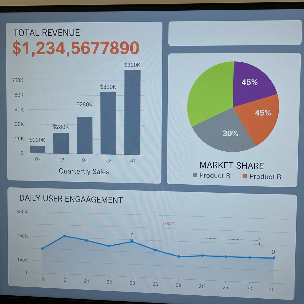 Interactive revenue analysis dashboard displaying quarterly performance metrics, revenue streams breakdown, and KPI tracking with bar charts and trend lines