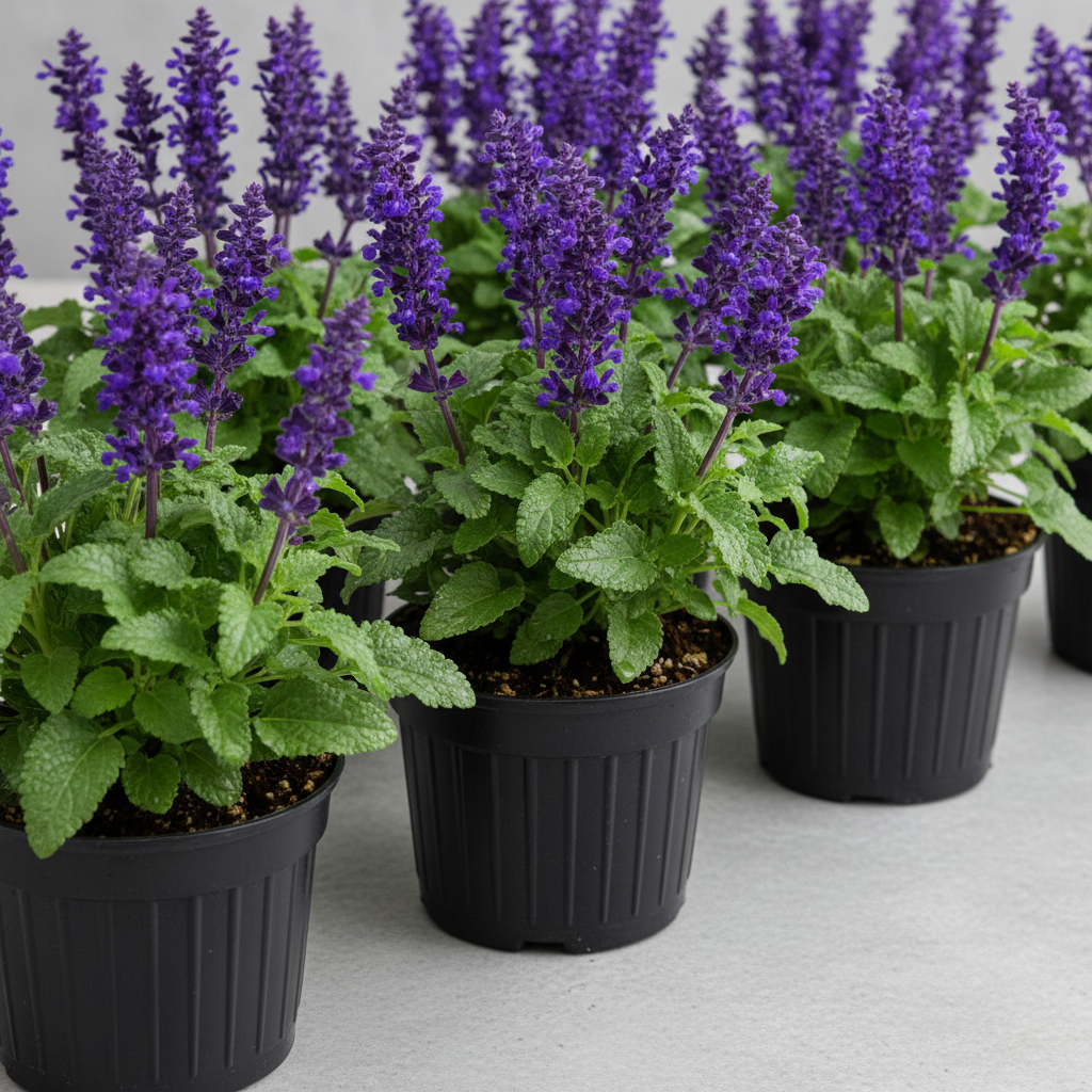 Purple woodland sage salvia plants in one-quart nursery containers