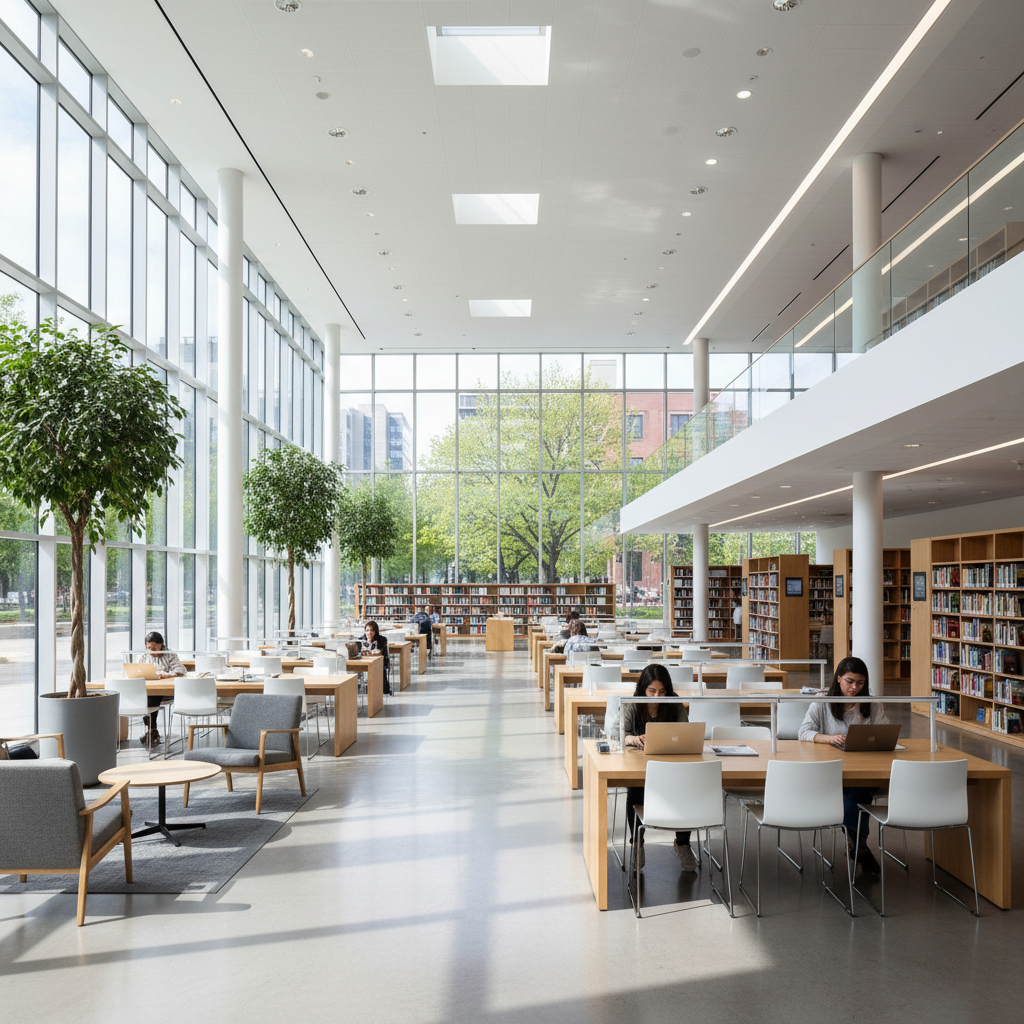 Modern library reading room with high ceilings, natural light, rows of wooden tables and bookshelves