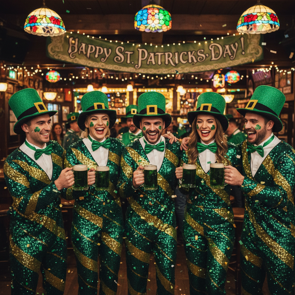 Group of friends wearing matching green St. Patrick's Day costumes including shamrock hats and green sequined outfits at a pub crawl