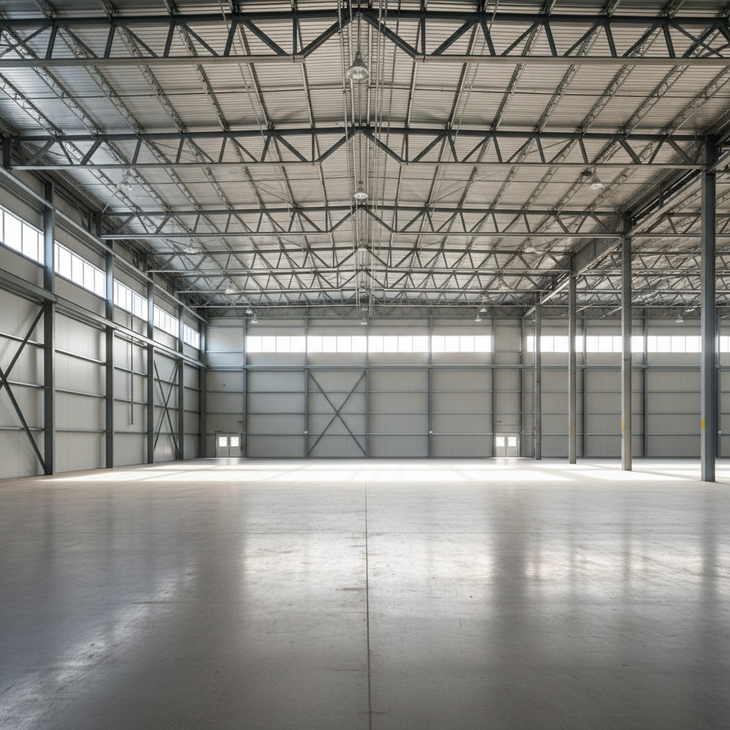 Industrial warehouse interior structural steel columns and ceiling beams, organized facility