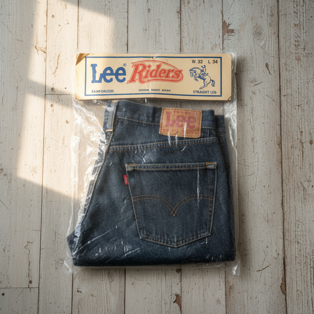 Vintage Lee Riders deadstock jeans still in original packaging on wooden floor