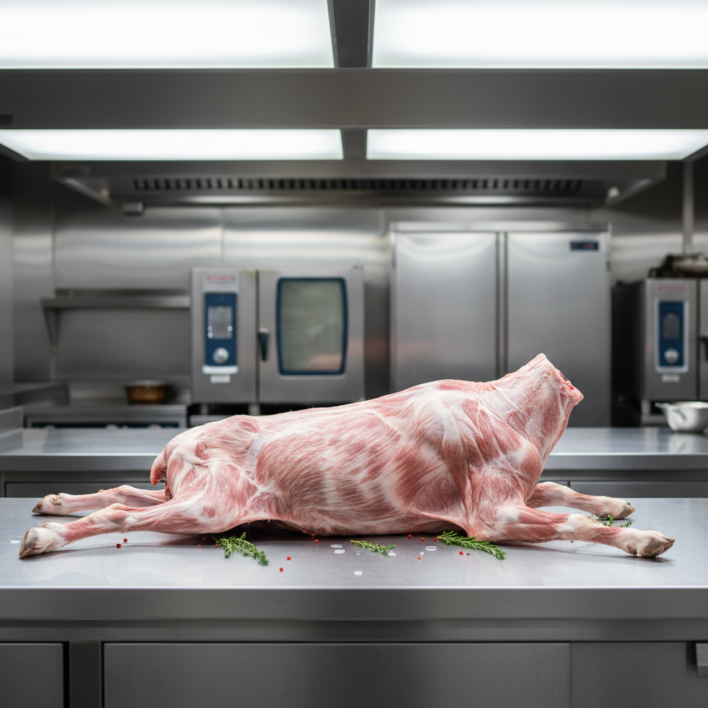 Professional butcher with premium meat cuts on stainless steel preparation surface in commercial kitchen