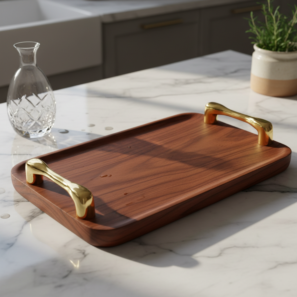Handcrafted walnut wood serving tray with carved handles on marble countertop