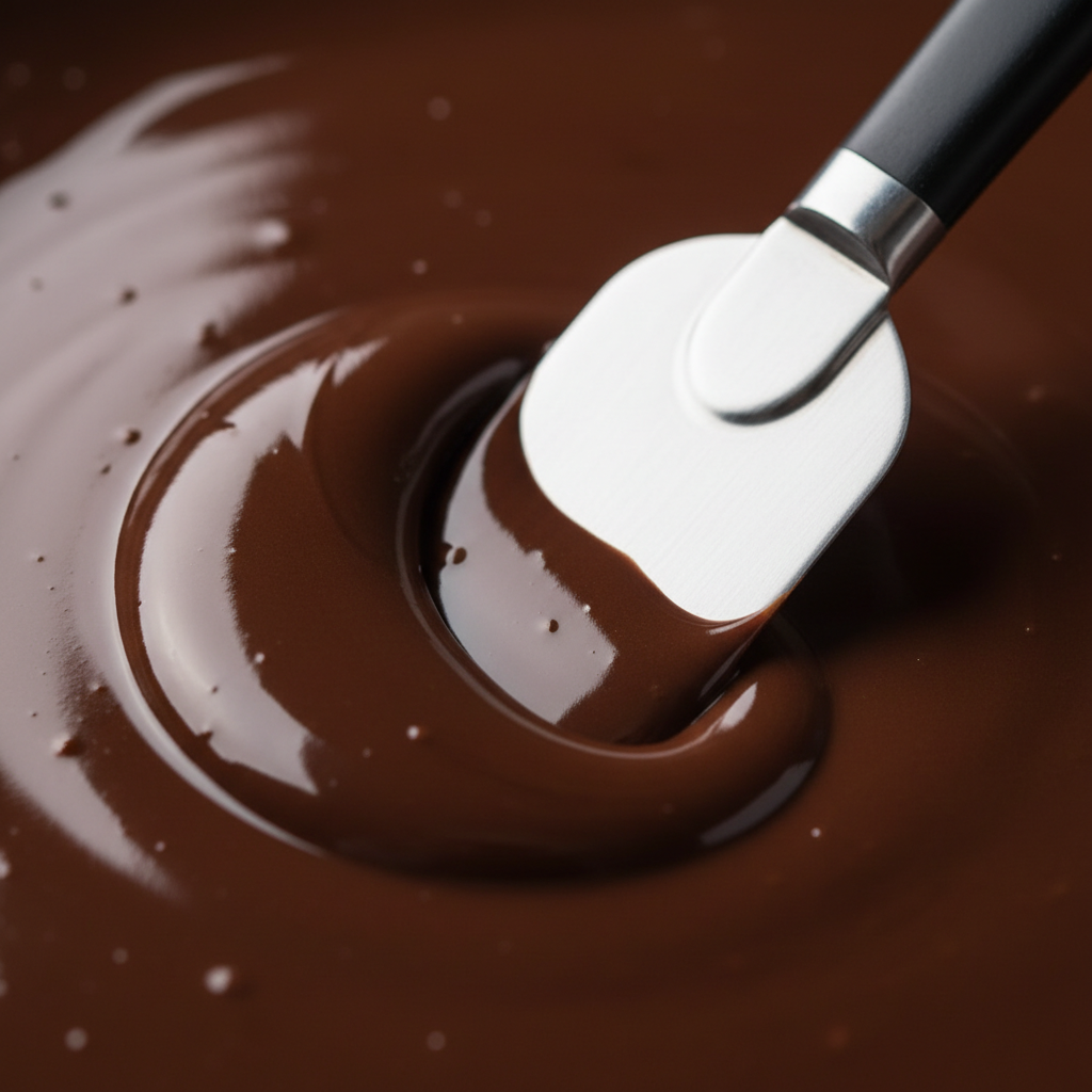 Close-up macro of spatula dragging through dark chocolate ganache, smooth and glossy