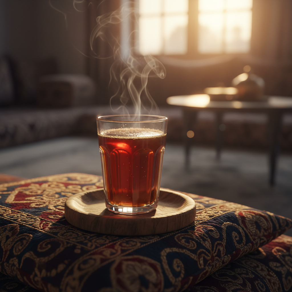 Close-up of a karak chai glass on a brass tray table surrounded by embroidered majlis cushions in warm golden light