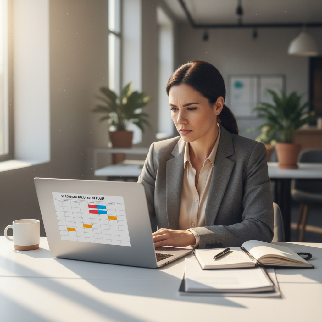 Executive assistant at clean desk reviewing event plans on laptop with notepad