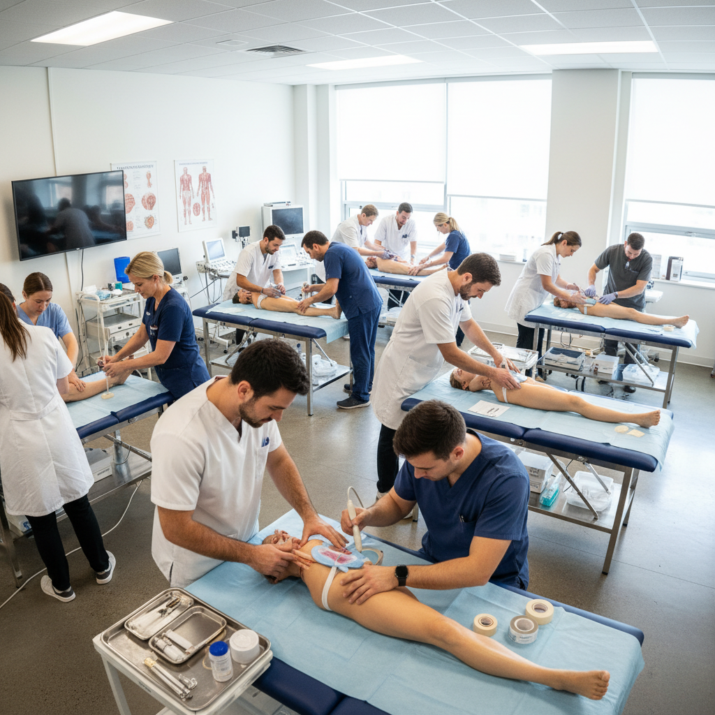 Professional healthcare training facility with modern classroom setup and medical equipment