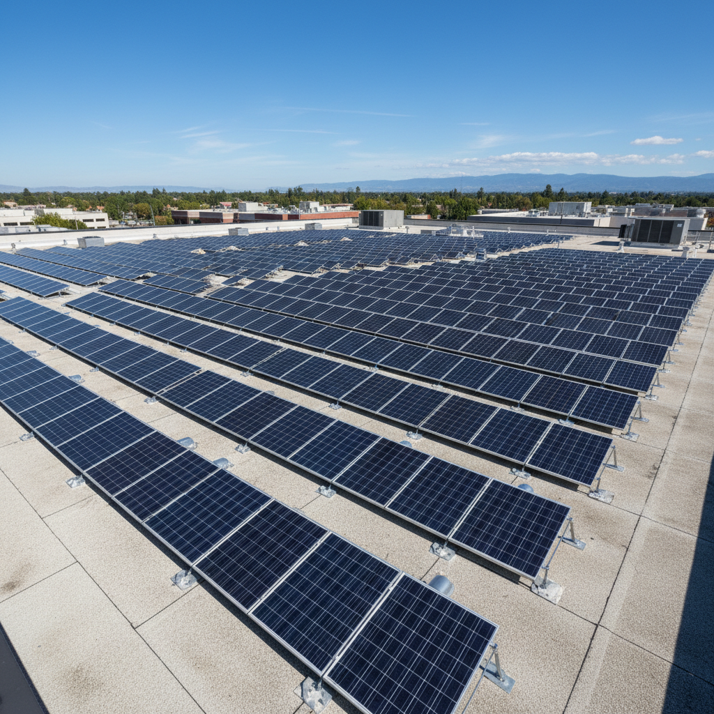 Large solar panel array on commercial building rooftop, urban setting, bright daytime lighting