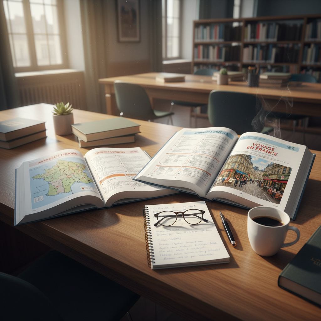 Open French language textbooks on a bright library desk, warm natural light, airy academic atmosphere