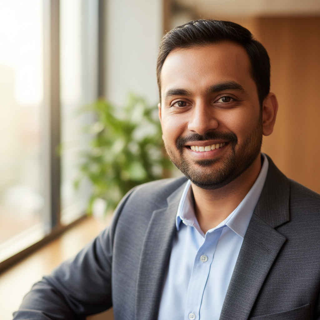 South Indian male professional in smart casual attire, clean bright studio background, approachable expression